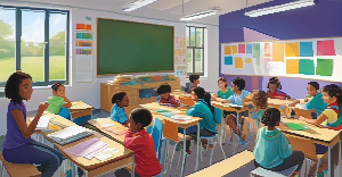 A lively classroom with diverse children working together on a project under the guidance of a smiling teacher.