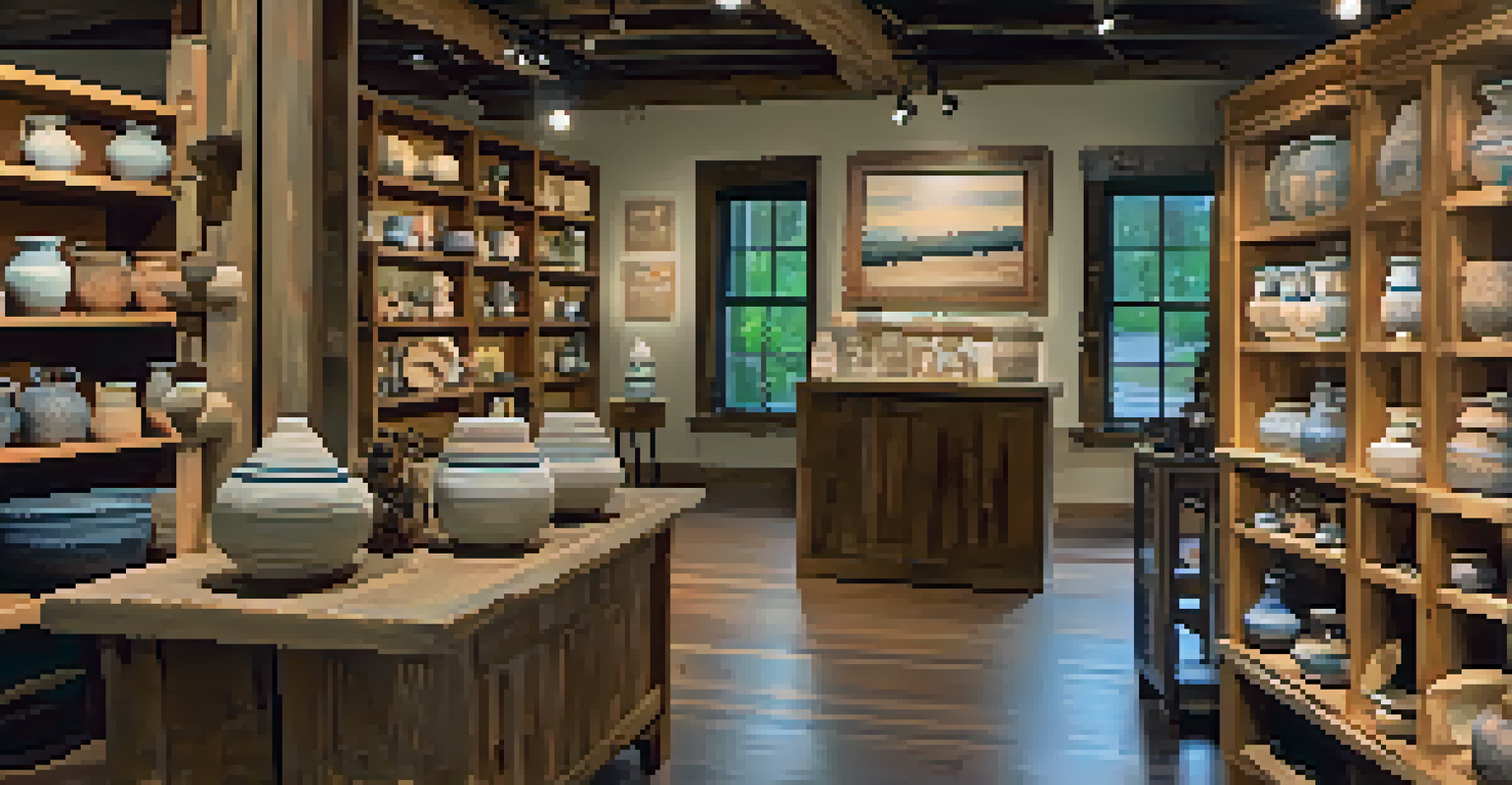 An interior view of The Gallery at the Mill showcasing local artisan crafts, including pottery and paintings, in a warm and inviting setting.