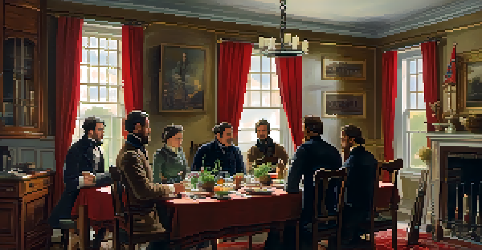 An interior view of a divided family home in St. Louis during the Civil War, featuring Union and Confederate flags and family members in discussion.