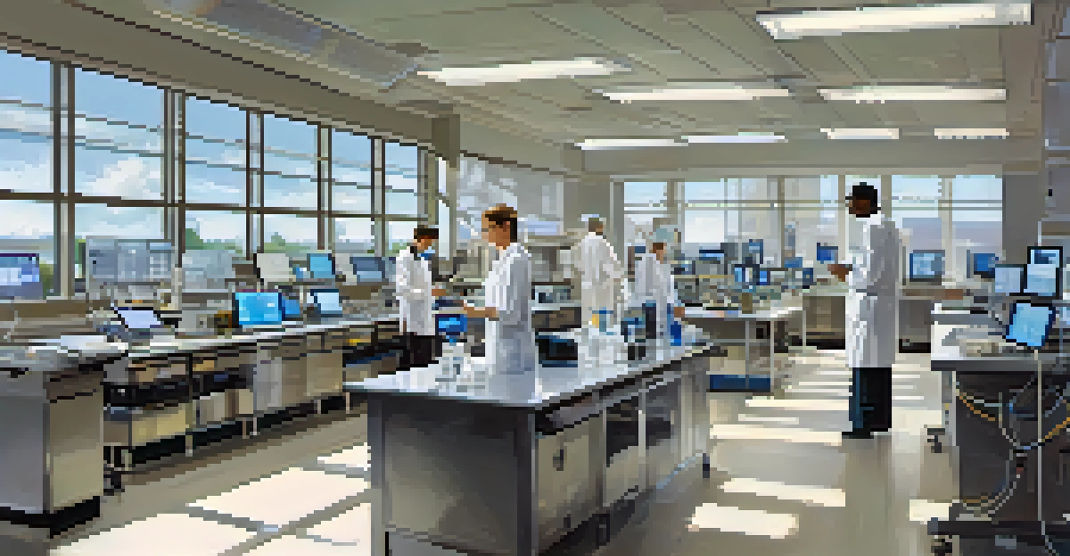 A modern research laboratory in St. Louis with scientists collaborating, bright natural light, and advanced equipment.