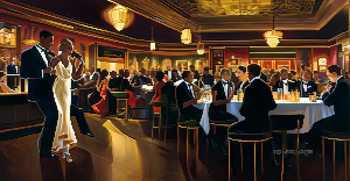 A lively jazz club scene from the 1920s in St. Louis, with elegantly dressed patrons dancing and musicians performing on stage.