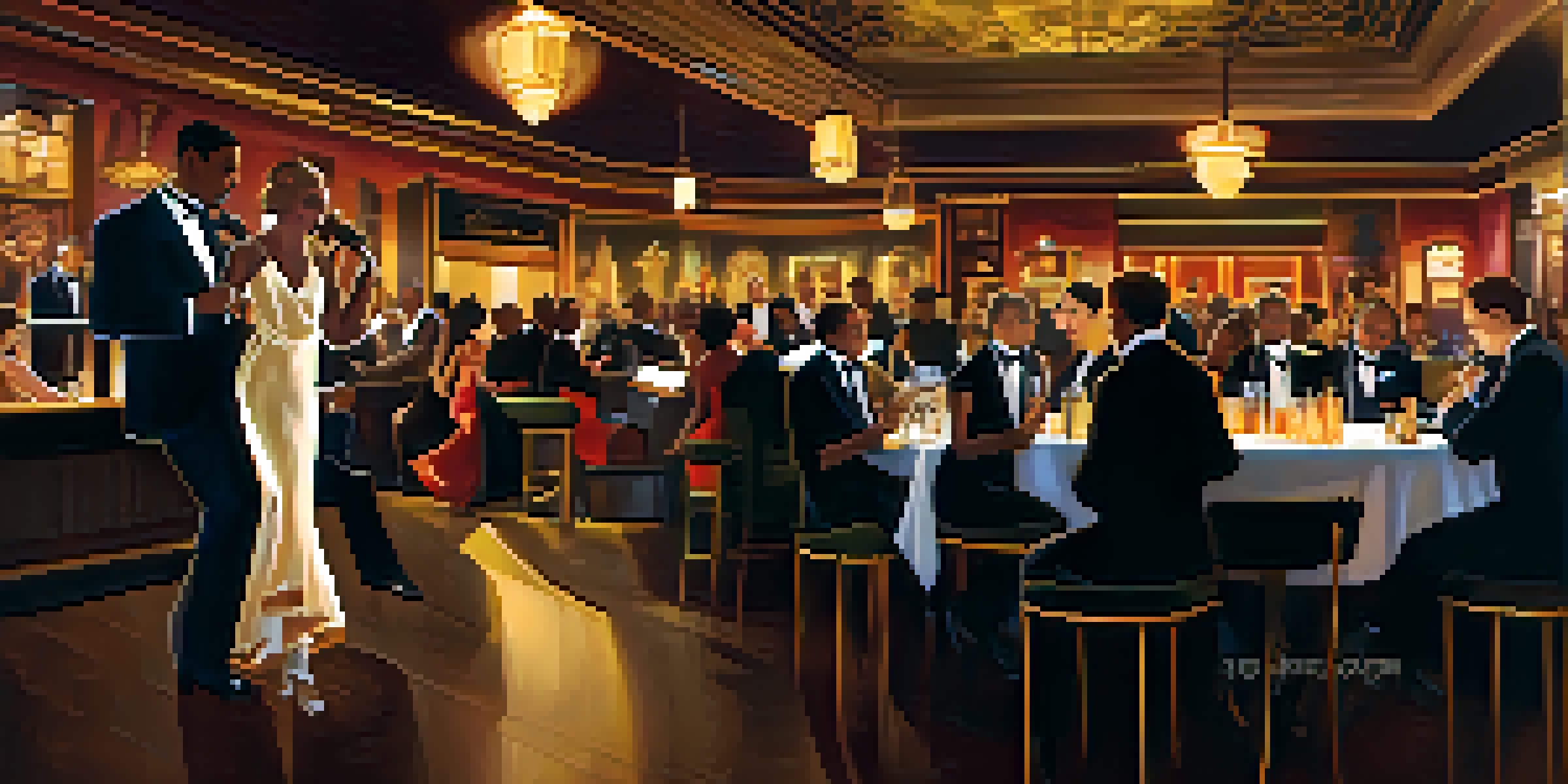 A lively jazz club scene from the 1920s in St. Louis, with elegantly dressed patrons dancing and musicians performing on stage.