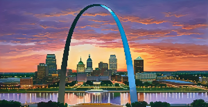 A sunset cityscape of St. Louis featuring the Gateway Arch and modern buildings.