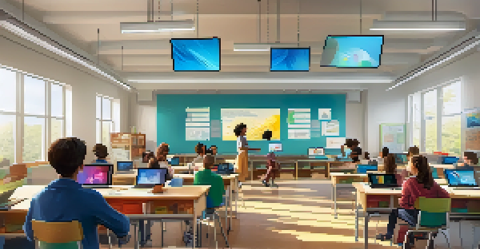 A vibrant classroom with diverse students using technology for learning, bright natural light coming through windows.