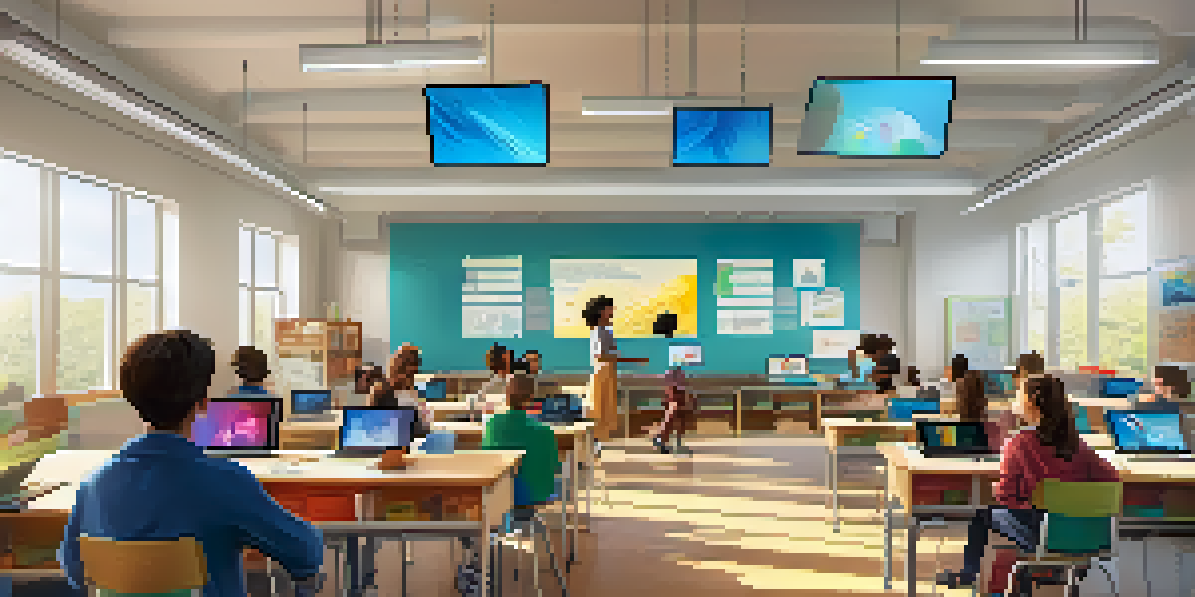 A vibrant classroom with diverse students using technology for learning, bright natural light coming through windows.
