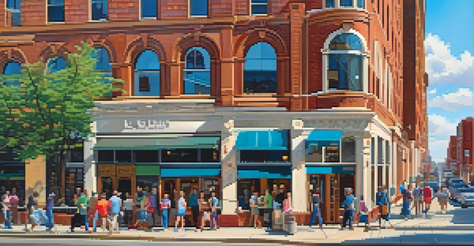 A lively street scene in St. Louis with diverse people, colorful shops, and the Gateway Arch in the background under a sunny sky.