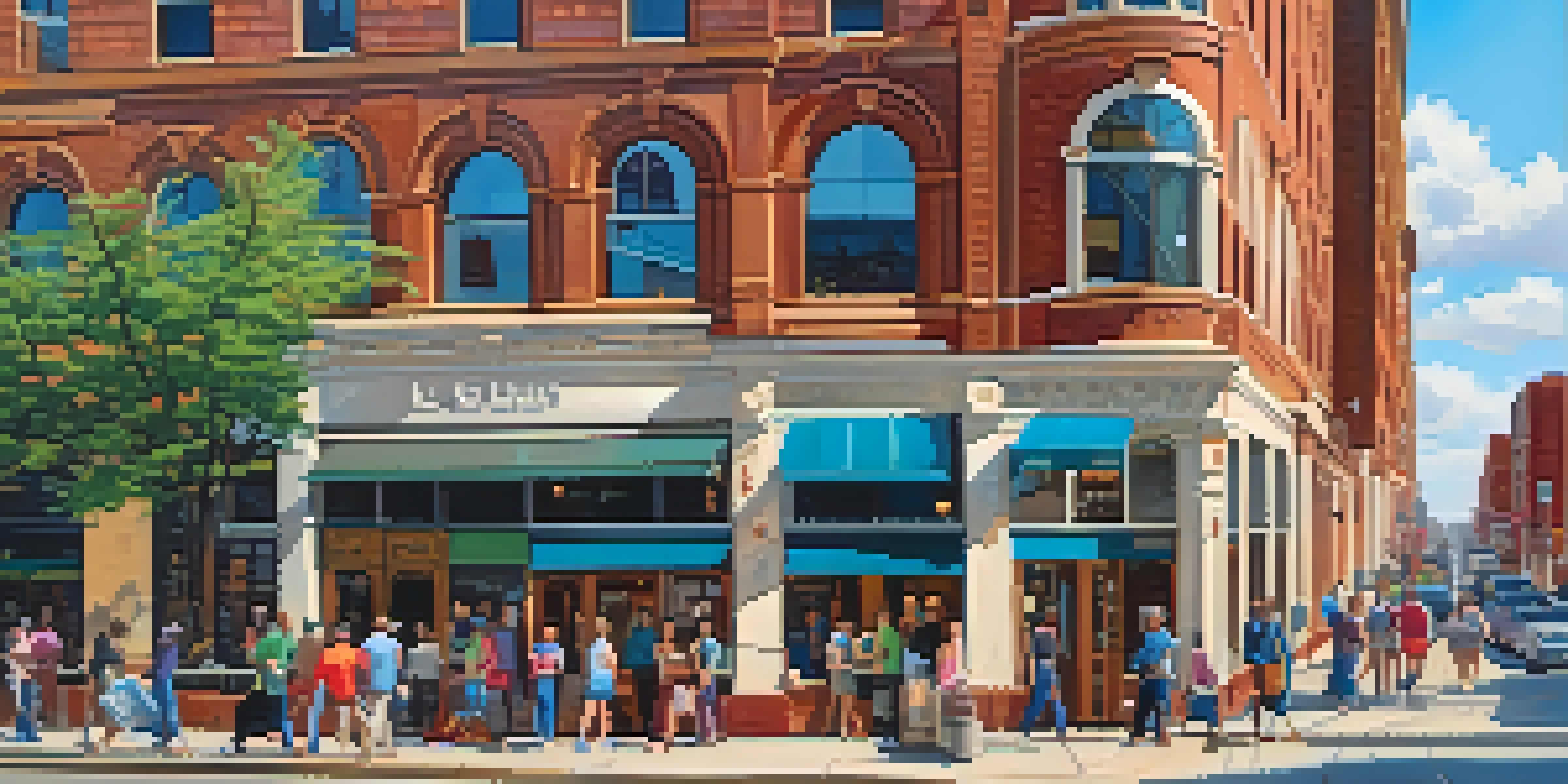A lively street scene in St. Louis with diverse people, colorful shops, and the Gateway Arch in the background under a sunny sky.
