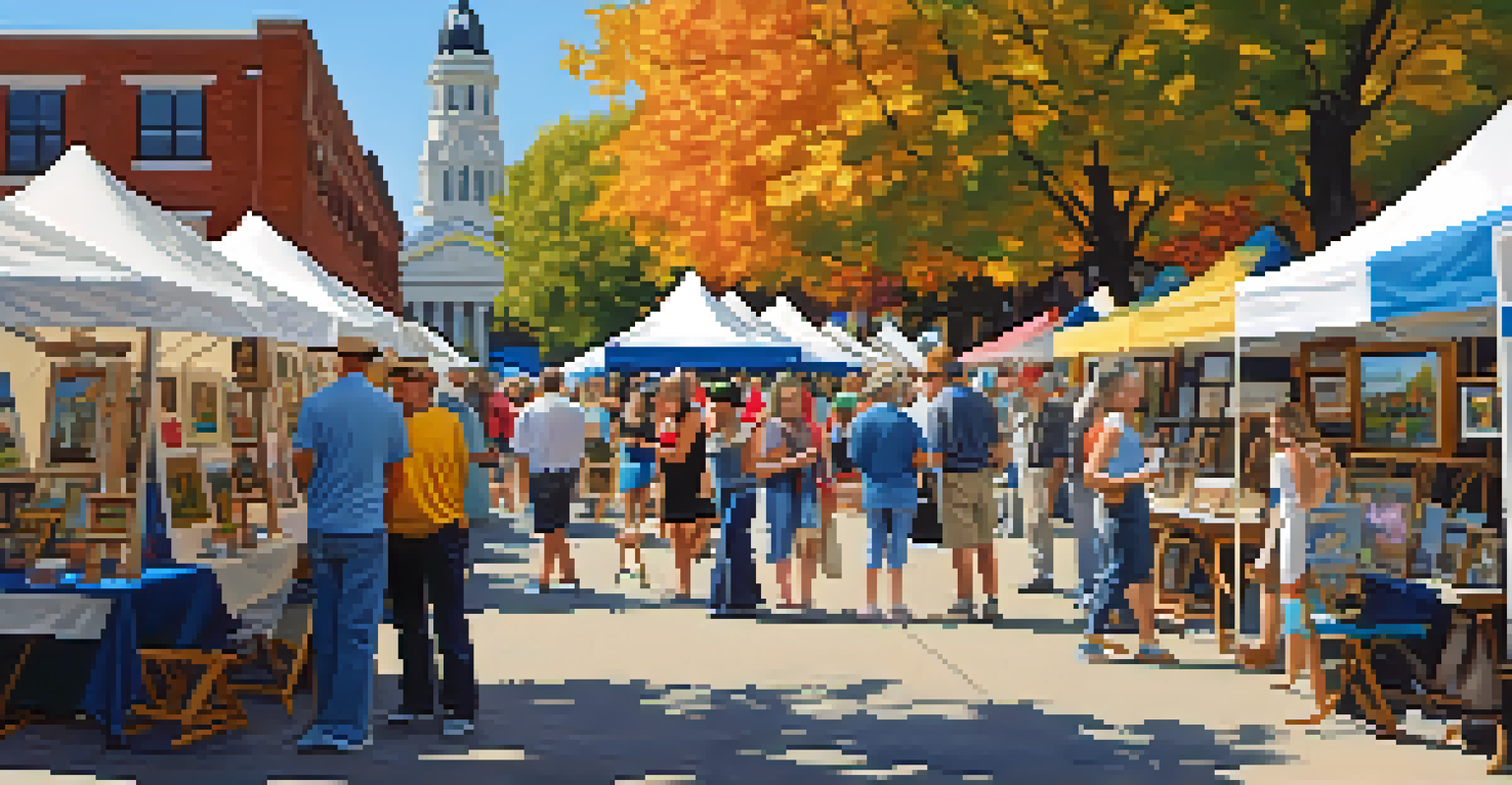 An art fair in Grand Center, St. Louis, featuring booths with local artwork and a diverse crowd engaging with artists.