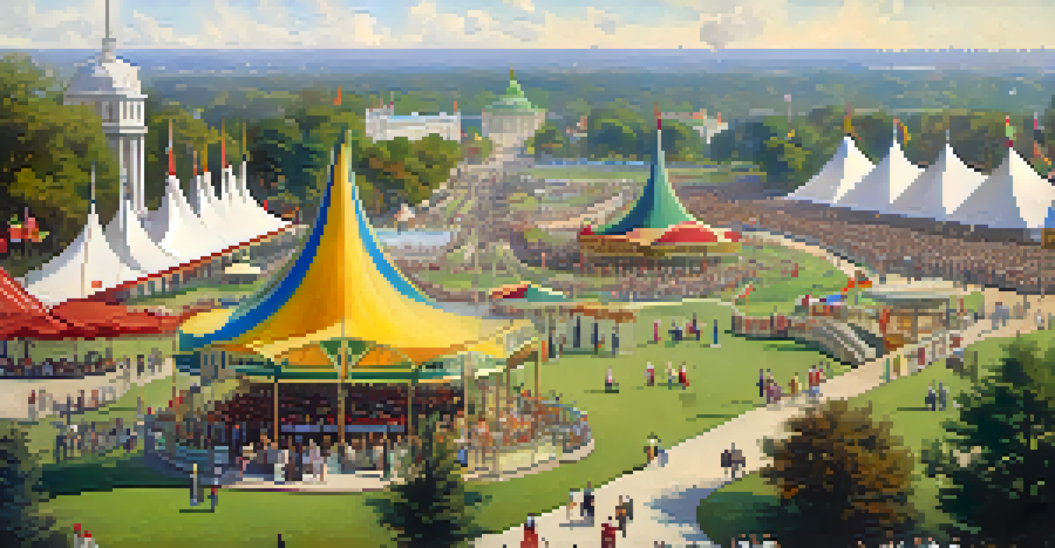 A lively scene of Forest Park during the 1904 World's Fair, with crowds enjoying attractions and colorful decorations.
