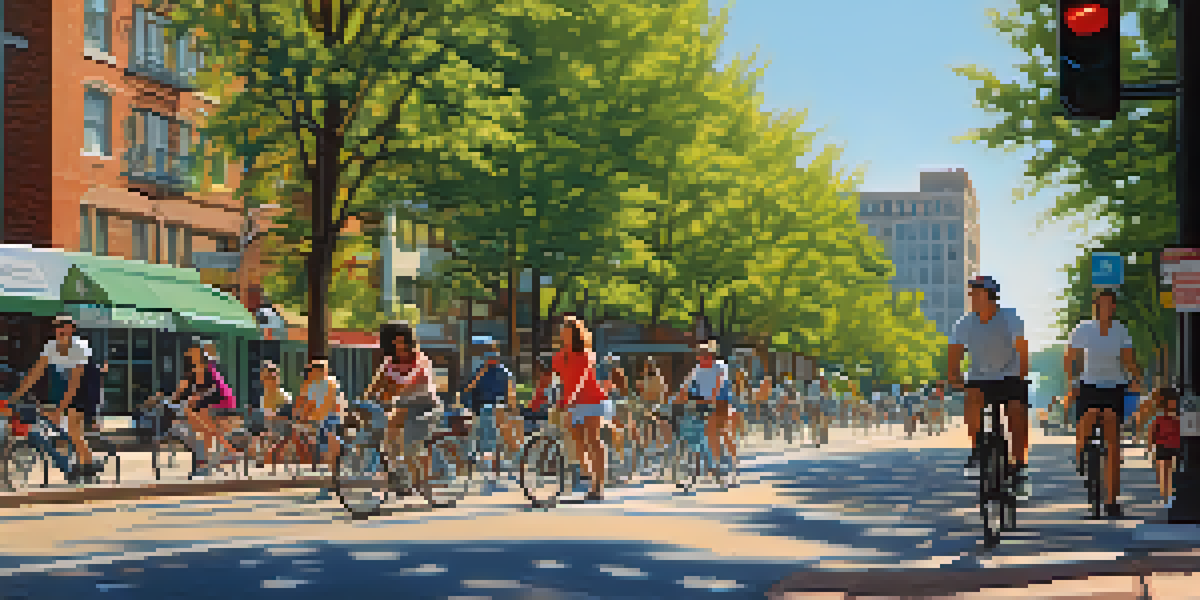 A busy bike lane in St. Louis with cyclists of various backgrounds enjoying a sunny day.