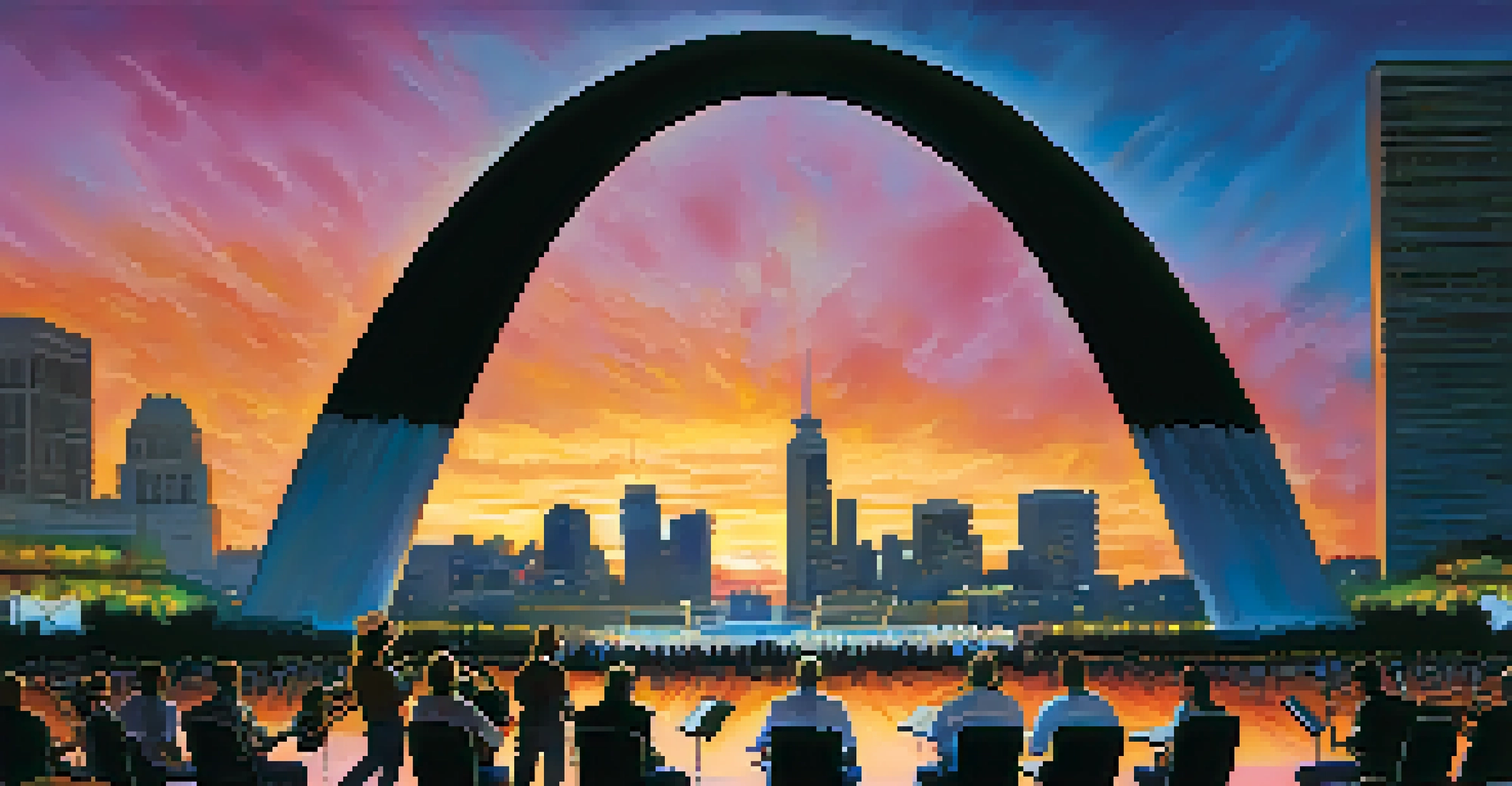The Gateway Arch at sunset with musicians performing in front of an audience during a concert.
