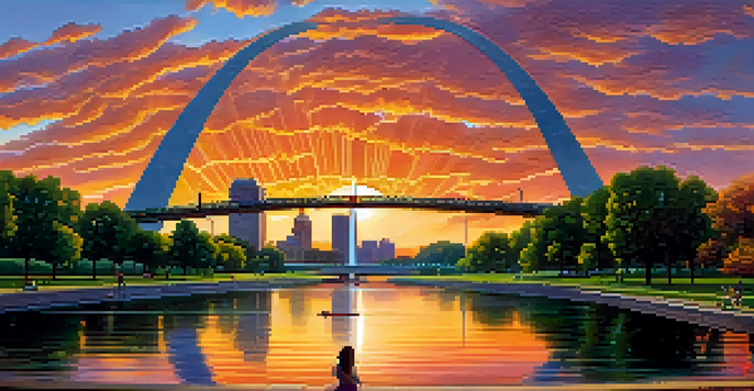 A scenic view of the Gateway Arch in St. Louis at sunset, with people in a park and the Mississippi River in the foreground.