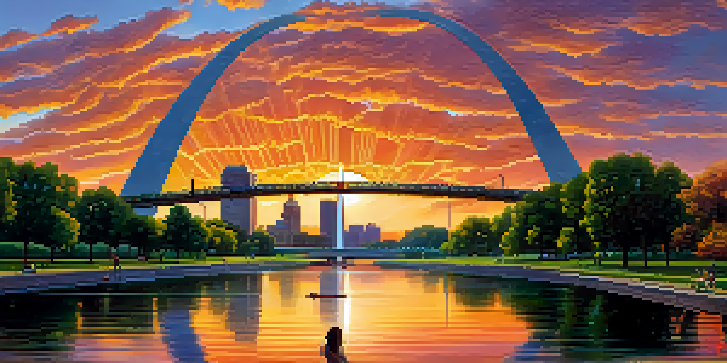 A scenic view of the Gateway Arch in St. Louis at sunset, with people in a park and the Mississippi River in the foreground.