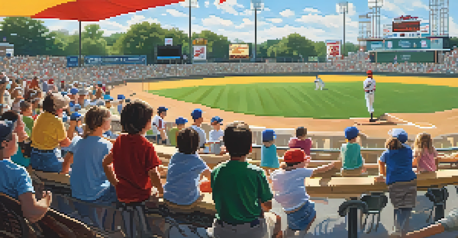 A family enjoying a minor league baseball game, with children playing catch in the foreground and cheering fans in the stands.