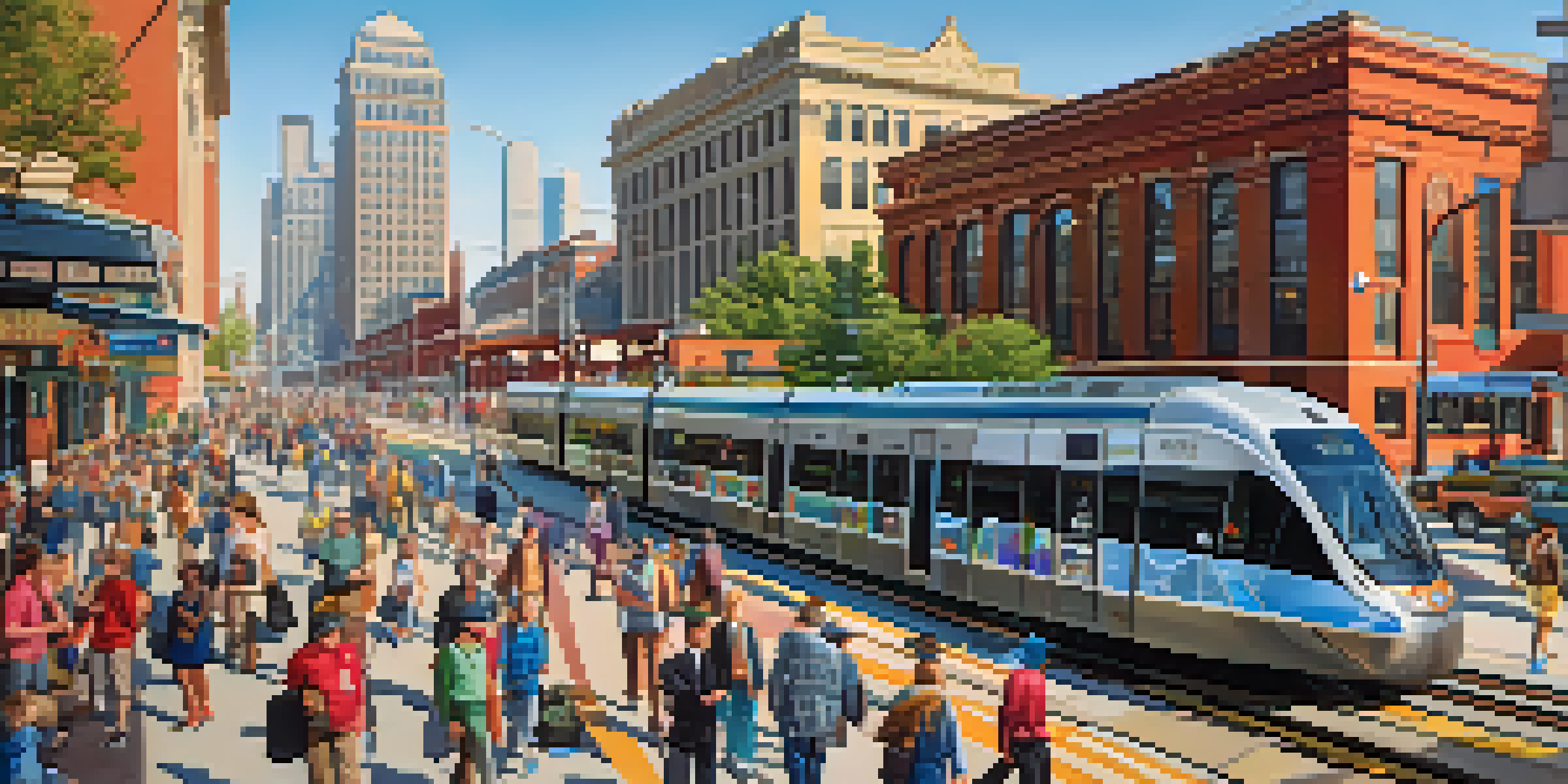 A busy light rail station in St. Louis with diverse people boarding the train, under a bright blue sky with trees and city buildings around.