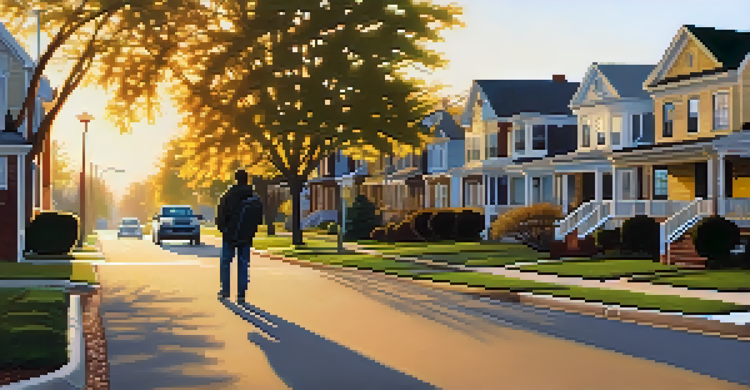 A peaceful suburban neighborhood in St. Louis with homes and a person walking a dog at sunrise.