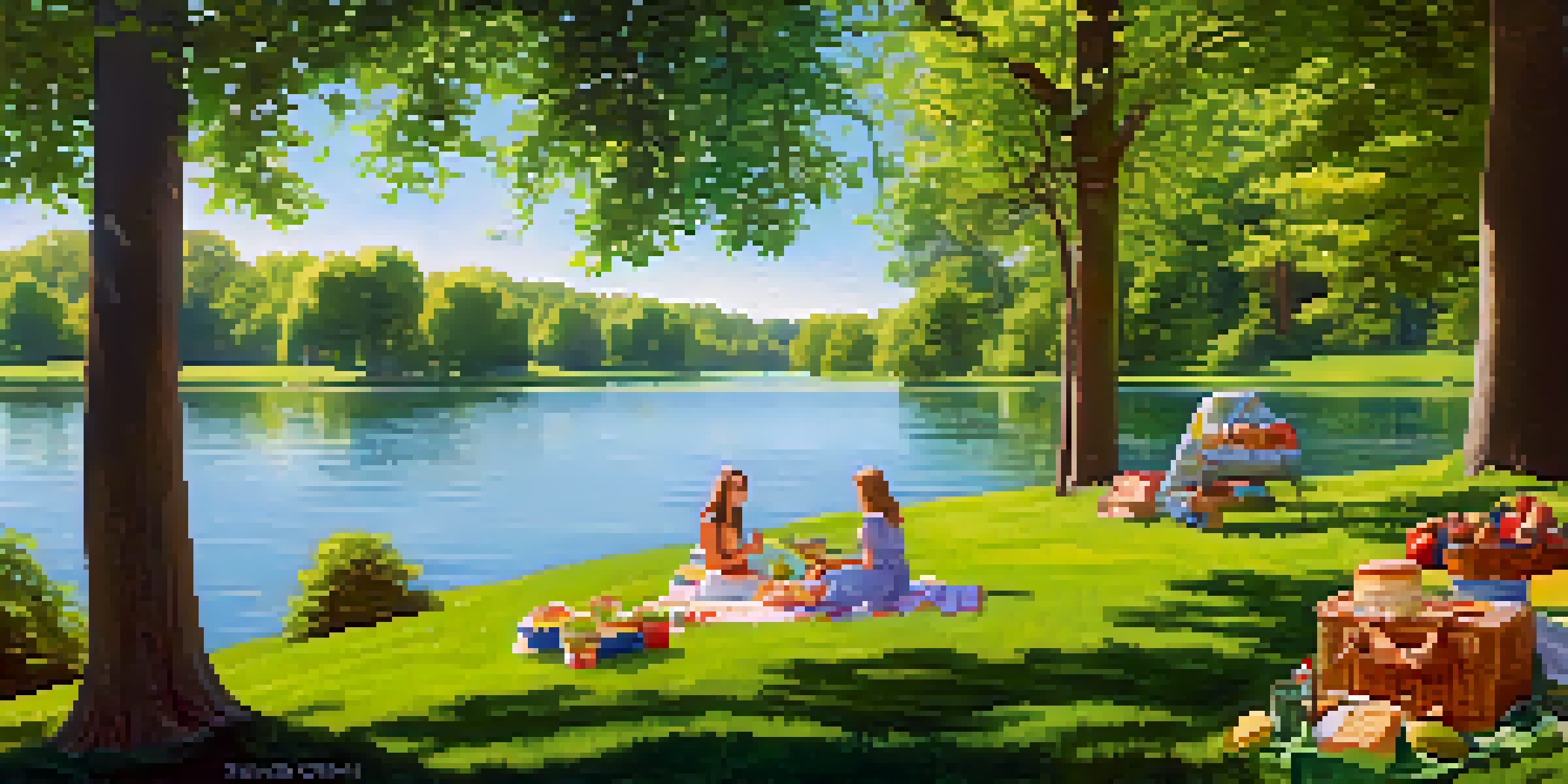A peaceful picnic in Forest Park with a blanket of food, a lake, and ducks, surrounded by trees and sunlight.