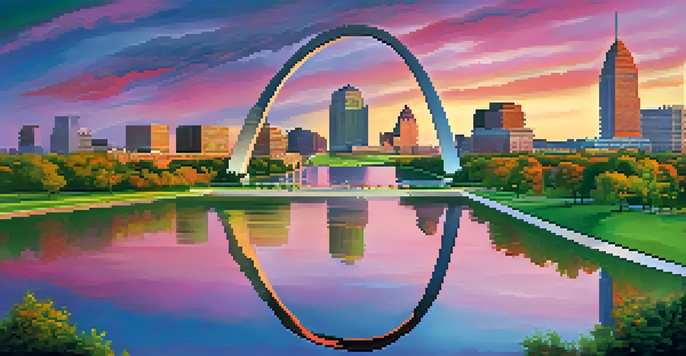 A sunset view of the Gateway Arch in St. Louis, with colorful skies and green parks surrounding it.