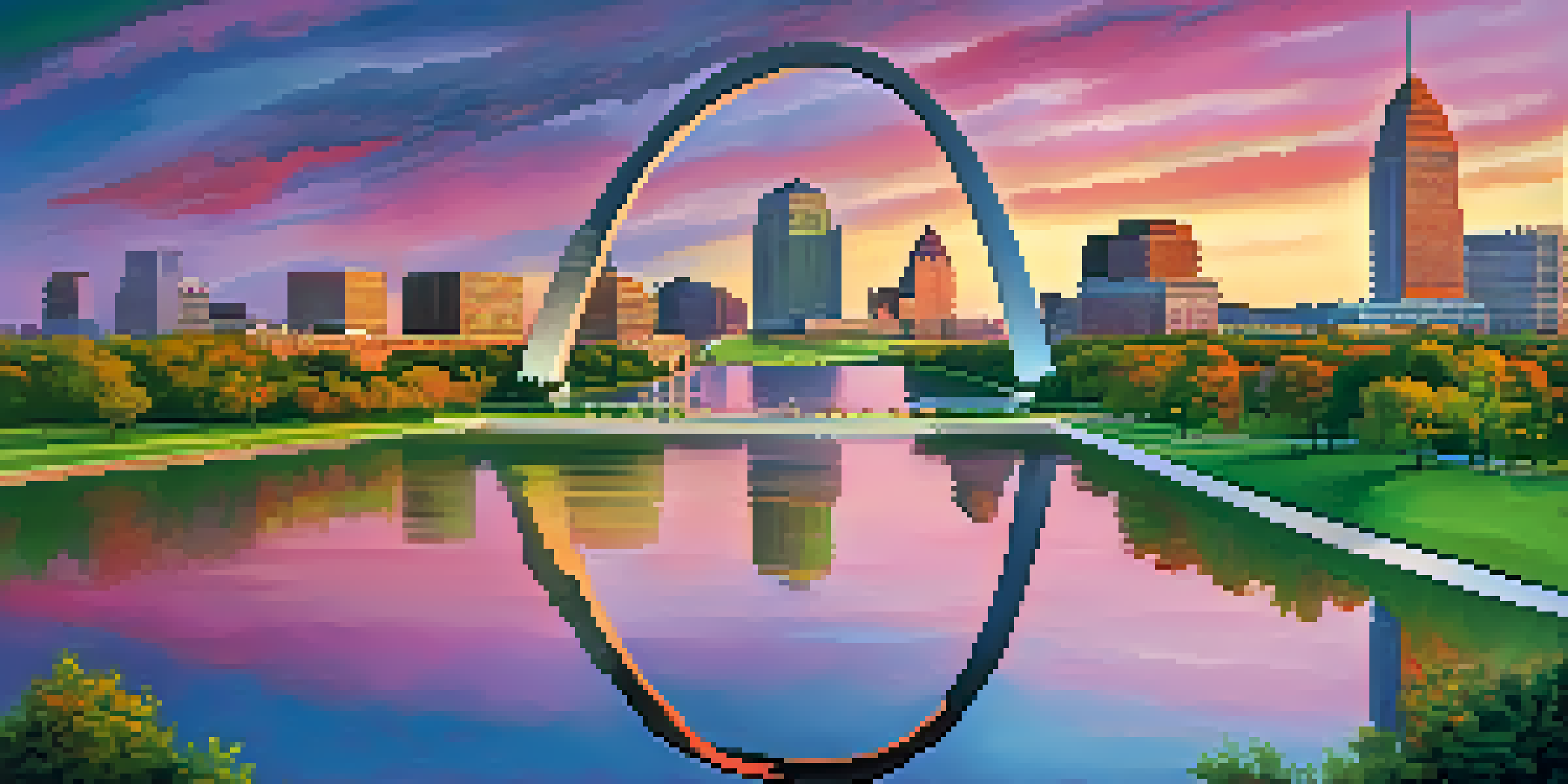 A sunset view of the Gateway Arch in St. Louis, with colorful skies and green parks surrounding it.
