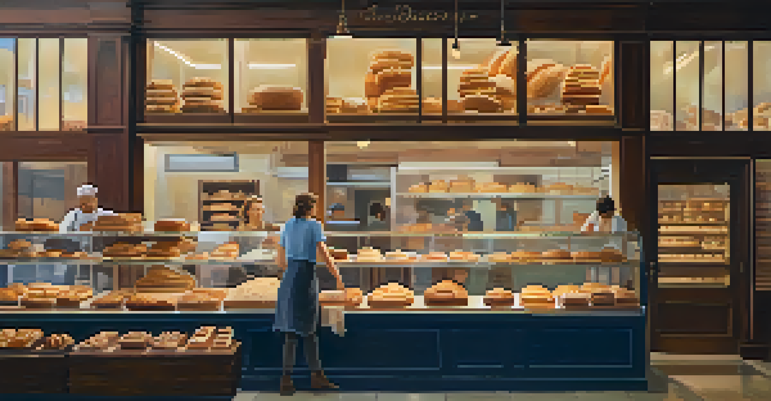 A cozy bakery filled with freshly baked pastries and breads, with customers enjoying their purchases in a warm atmosphere.