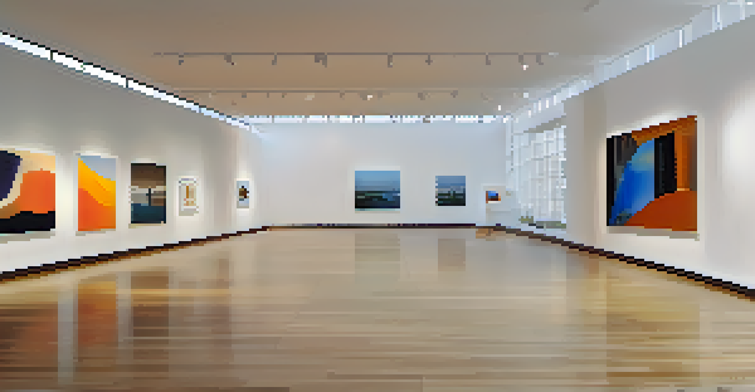A modern art gallery in St. Louis showcasing digital art, with visitors admiring the contemporary exhibition in a bright, spacious environment.