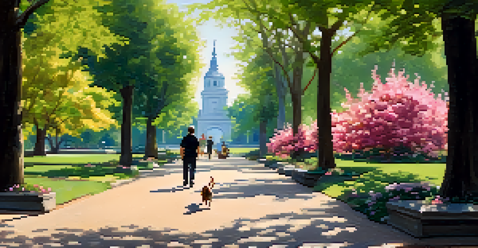 A dog on a leash walks with its owner on a shaded path in Tower Grove Park, surrounded by blooming flowers and tall trees.