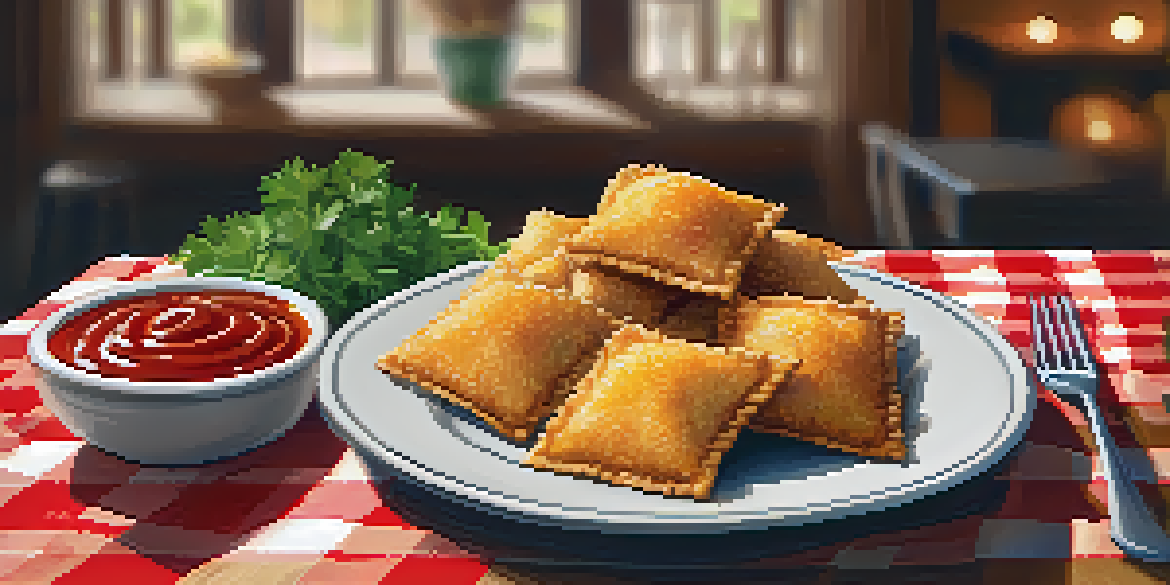 A plate of toasted ravioli with marinara sauce, garnished with parsley on a rustic wooden table.