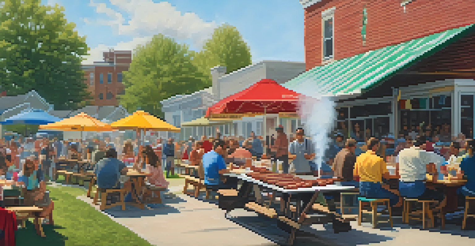 A pitmaster grilling St. Louis-style ribs outdoors with guests enjoying BBQ in a sunny backyard.