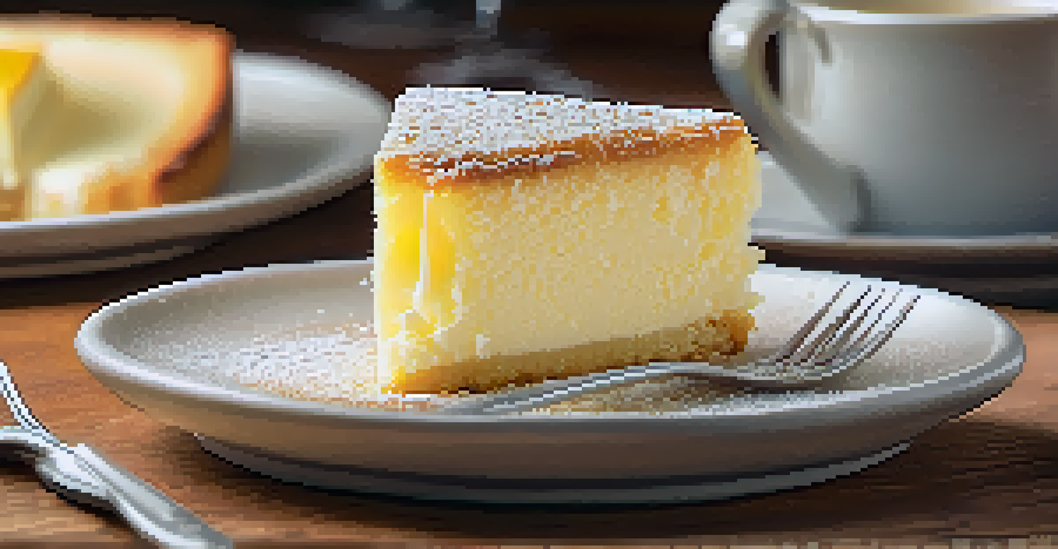 A slice of gooey butter cake on a plate, set in a cozy café atmosphere with warm lighting.