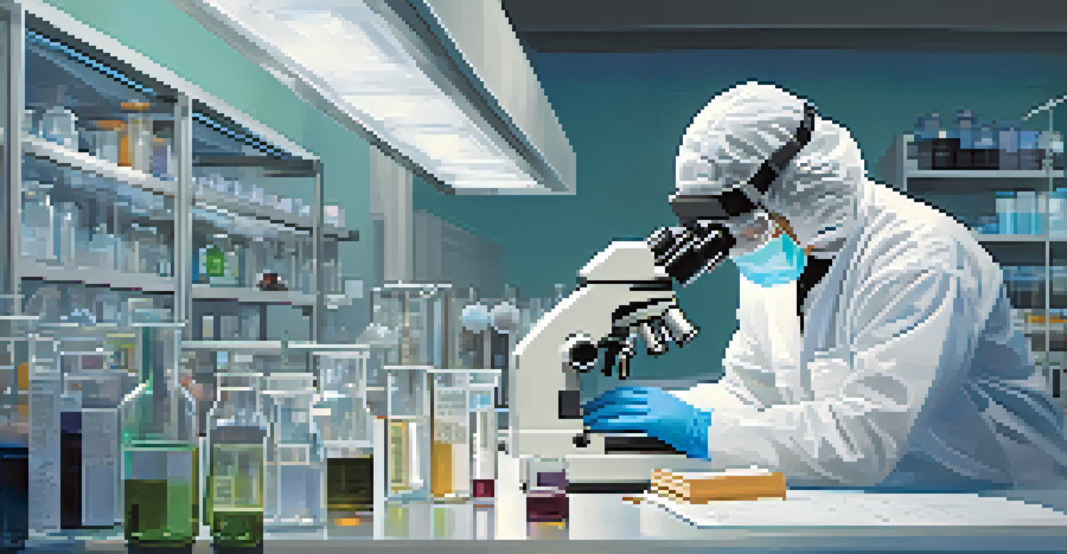 A researcher in protective gear examining a sample under a microscope in a modern laboratory.