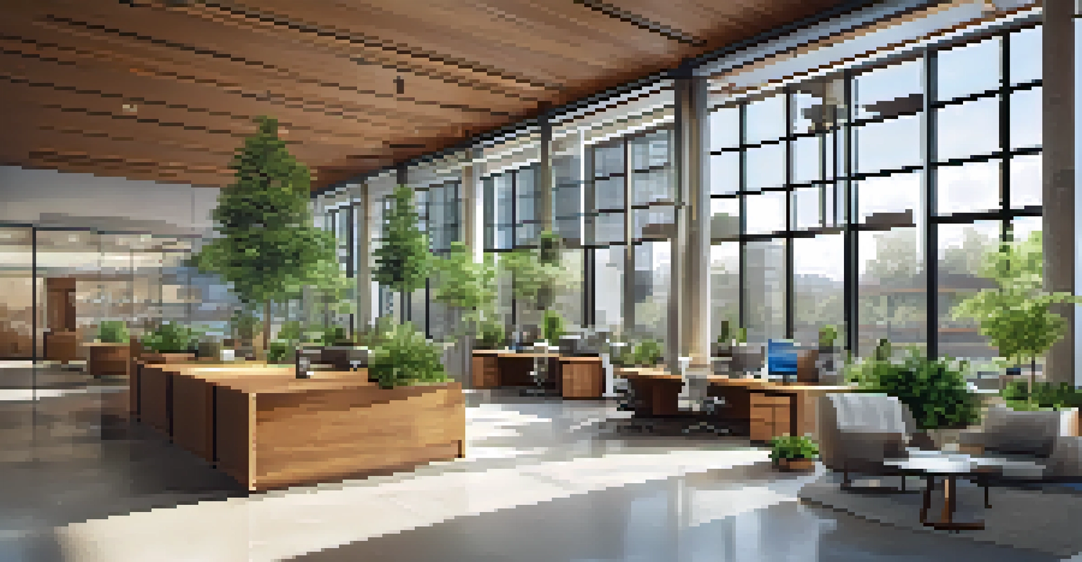 A bright and inviting modern office interior inspired by Louis Sullivan, showcasing open spaces, large windows, and natural materials with plants.