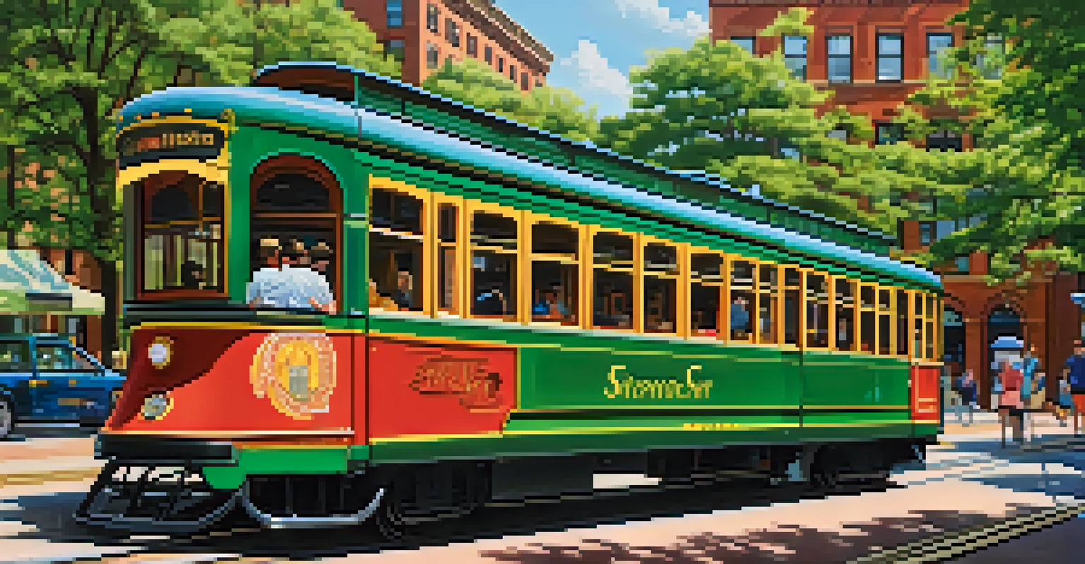 A colorful streetcar in downtown St. Louis surrounded by historic buildings and greenery, with passengers enjoying the ride.