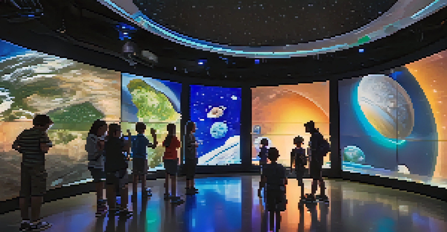 Children interacting with a space exploration exhibit at the Saint Louis Science Center, surrounded by colorful displays and models.