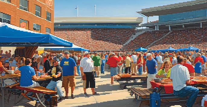 A lively tailgating atmosphere with fans in team colors enjoying BBQ and local foods outside a stadium.