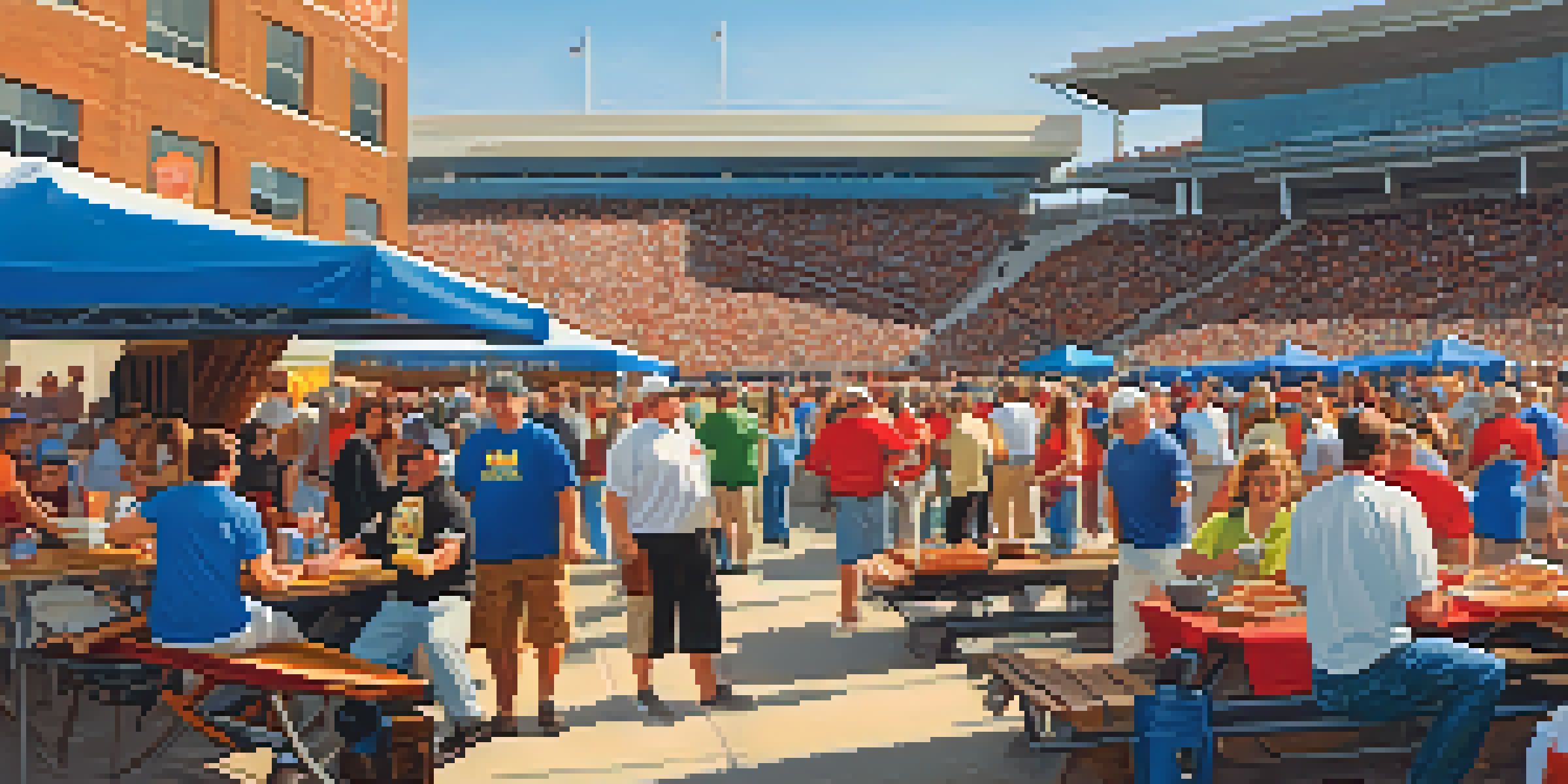A lively tailgating atmosphere with fans in team colors enjoying BBQ and local foods outside a stadium.