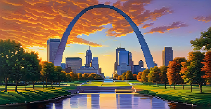 A panoramic view of the Gateway Arch at sunset, surrounded by green parkland and visitors enjoying the scenery.