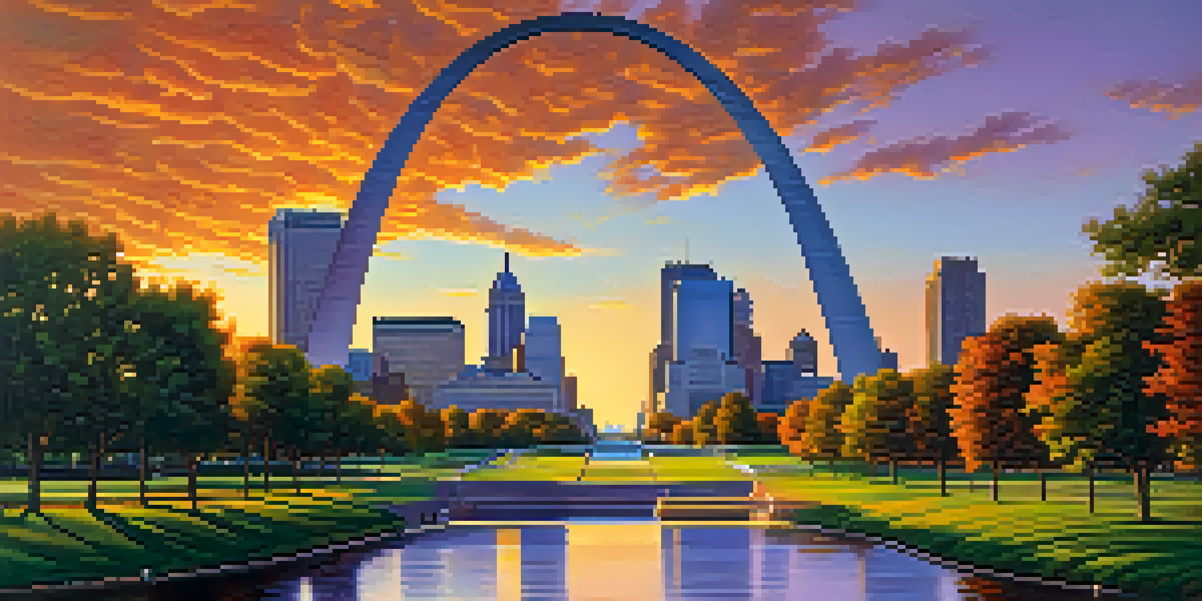 A panoramic view of the Gateway Arch at sunset, surrounded by green parkland and visitors enjoying the scenery.