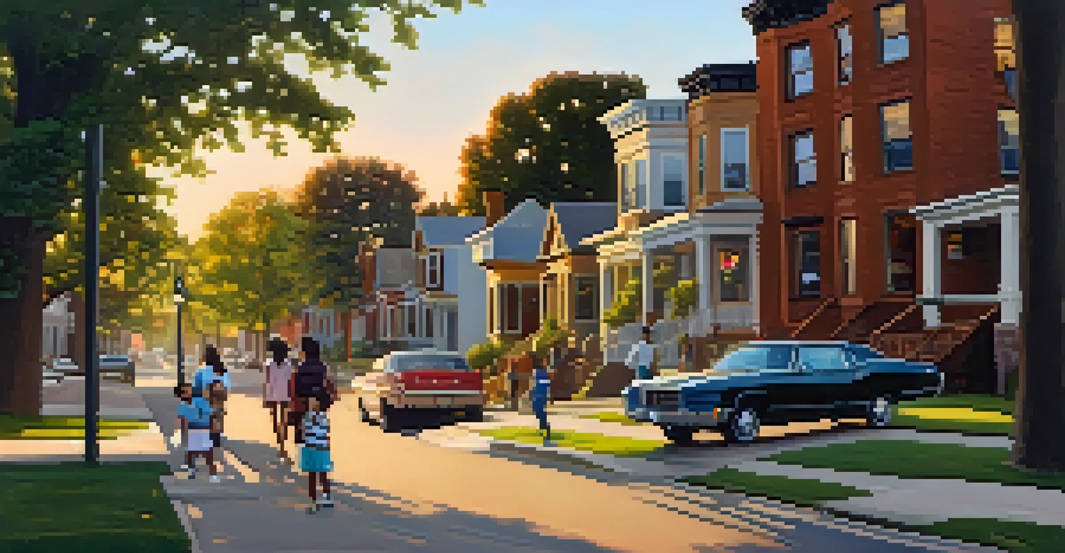 A diverse neighborhood in St. Louis with historic homes and modern apartments, children playing in a park, and people interacting.