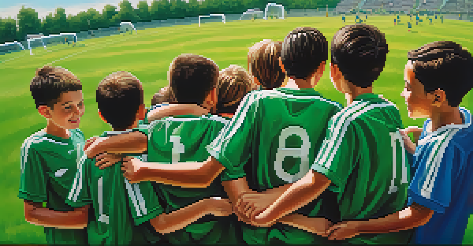 A youth soccer team huddled together in a circle, displaying teamwork and excitement before a game.