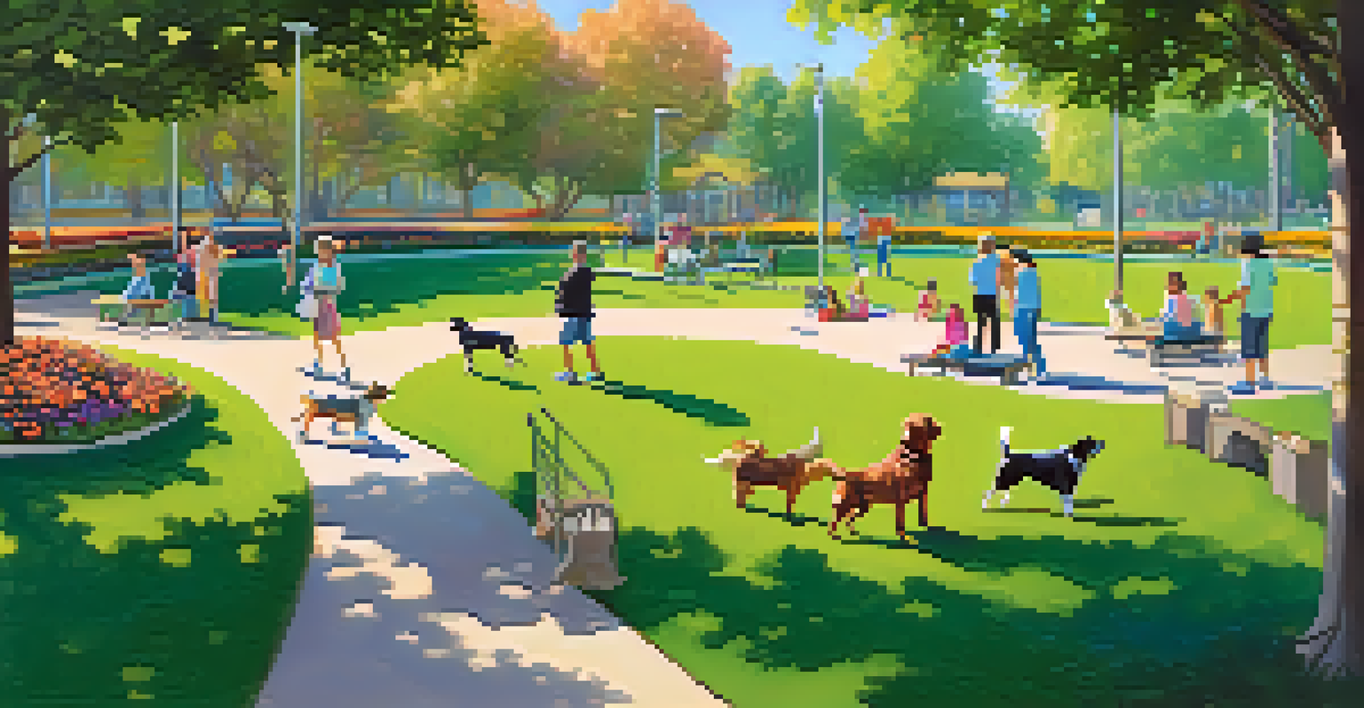 A small dog park in Queeny Park with dogs playing on agility equipment and colorful flowers around, under a clear blue sky.