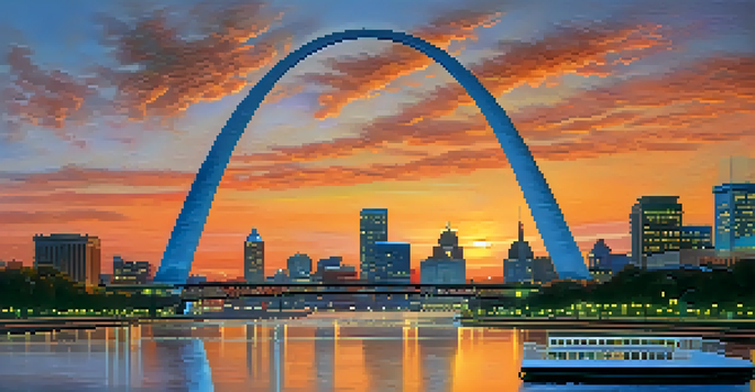 A view of the Gateway Arch at sunset, showcasing its reflective surface and the city of St. Louis in the background.
