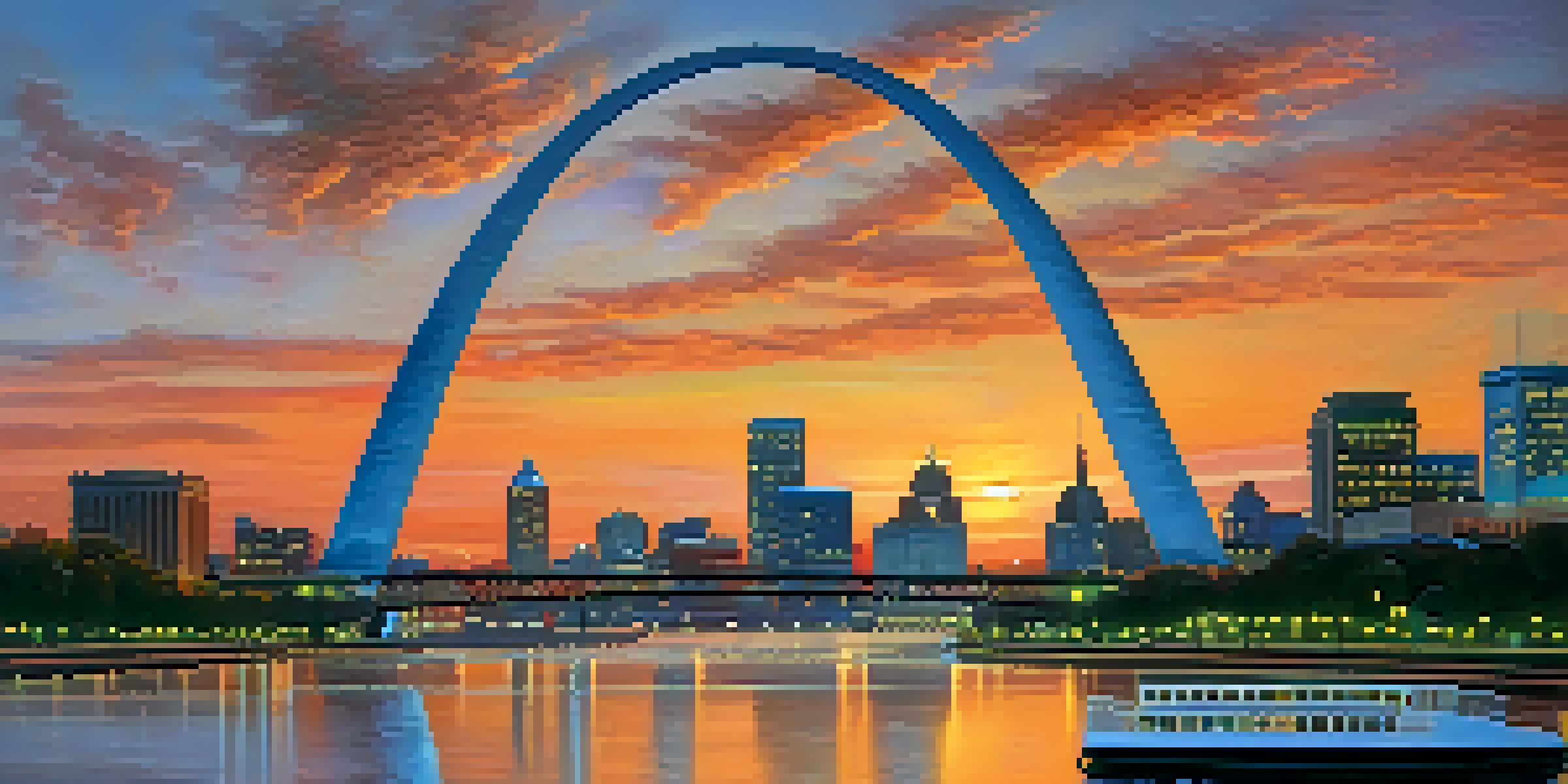 A view of the Gateway Arch at sunset, showcasing its reflective surface and the city of St. Louis in the background.