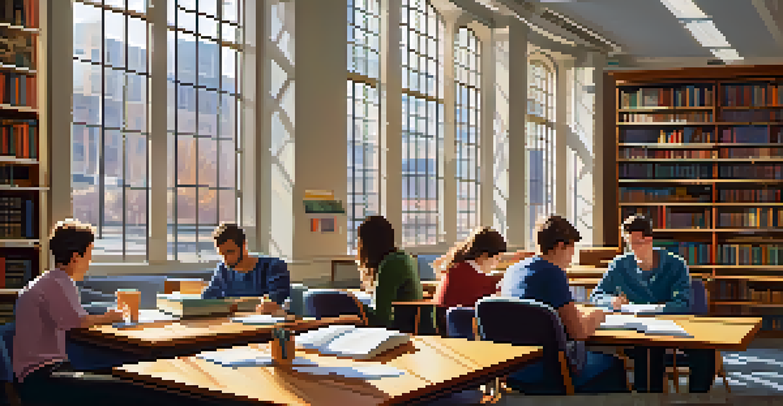 Students studying together in a bright, modern library at Webster University, surrounded by books and natural light.