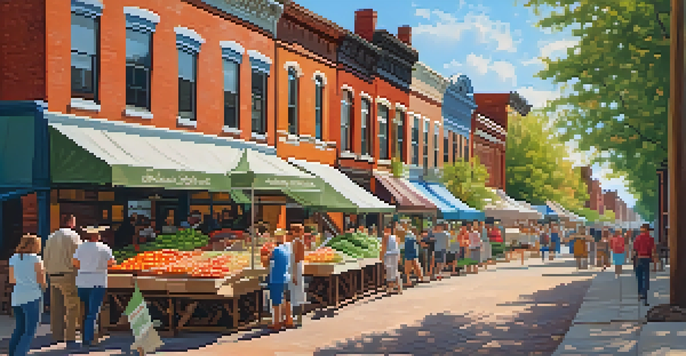 A lively farmers' market in Soulard, with historic brick buildings and cobblestone streets, filled with colorful stalls and people enjoying the sunny day.