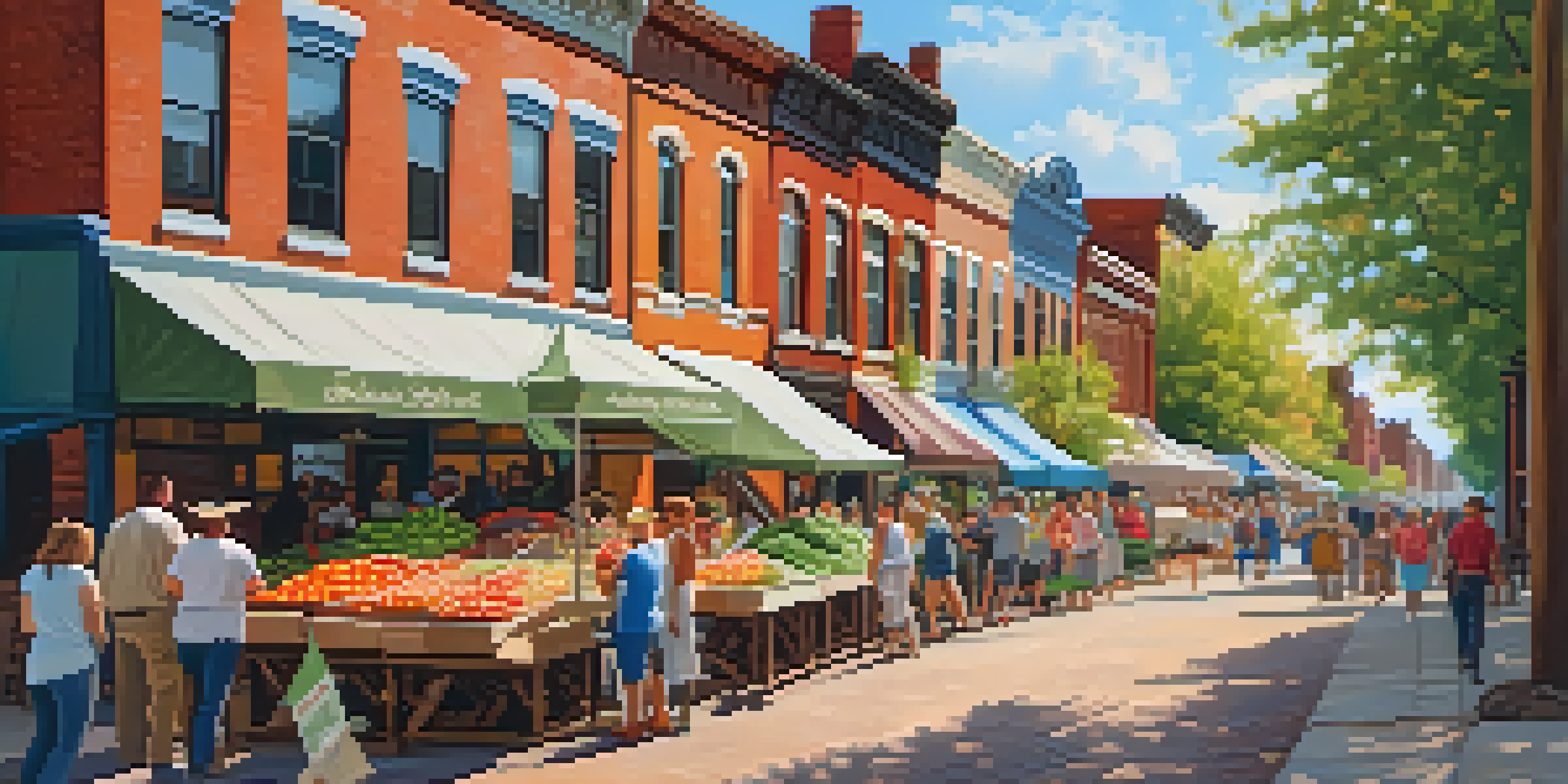 A lively farmers' market in Soulard, with historic brick buildings and cobblestone streets, filled with colorful stalls and people enjoying the sunny day.