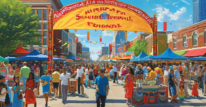 A multicultural festival in St. Louis with people enjoying food, music, and art, featuring the Gateway Arch in the background.