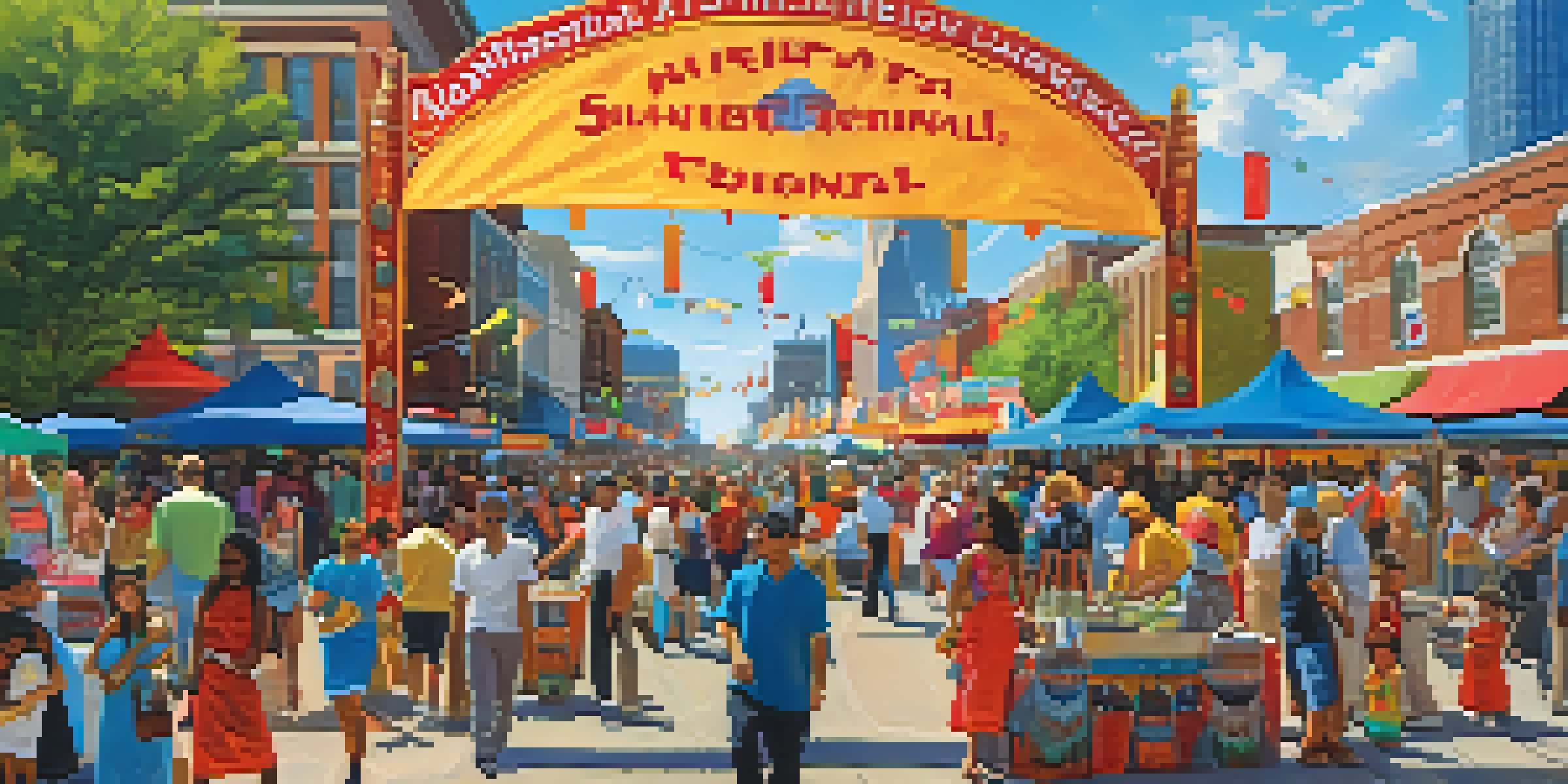 A multicultural festival in St. Louis with people enjoying food, music, and art, featuring the Gateway Arch in the background.