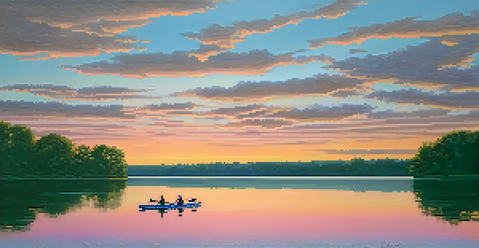 Kayakers on Creve Coeur Lake at sunset, with an orange and pink sky reflected in the water and trees in the background.
