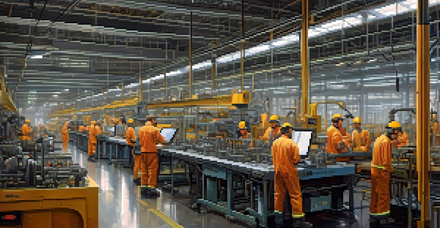 Workers in a St. Louis manufacturing plant using advanced technology and robotics in a well-lit industrial environment.