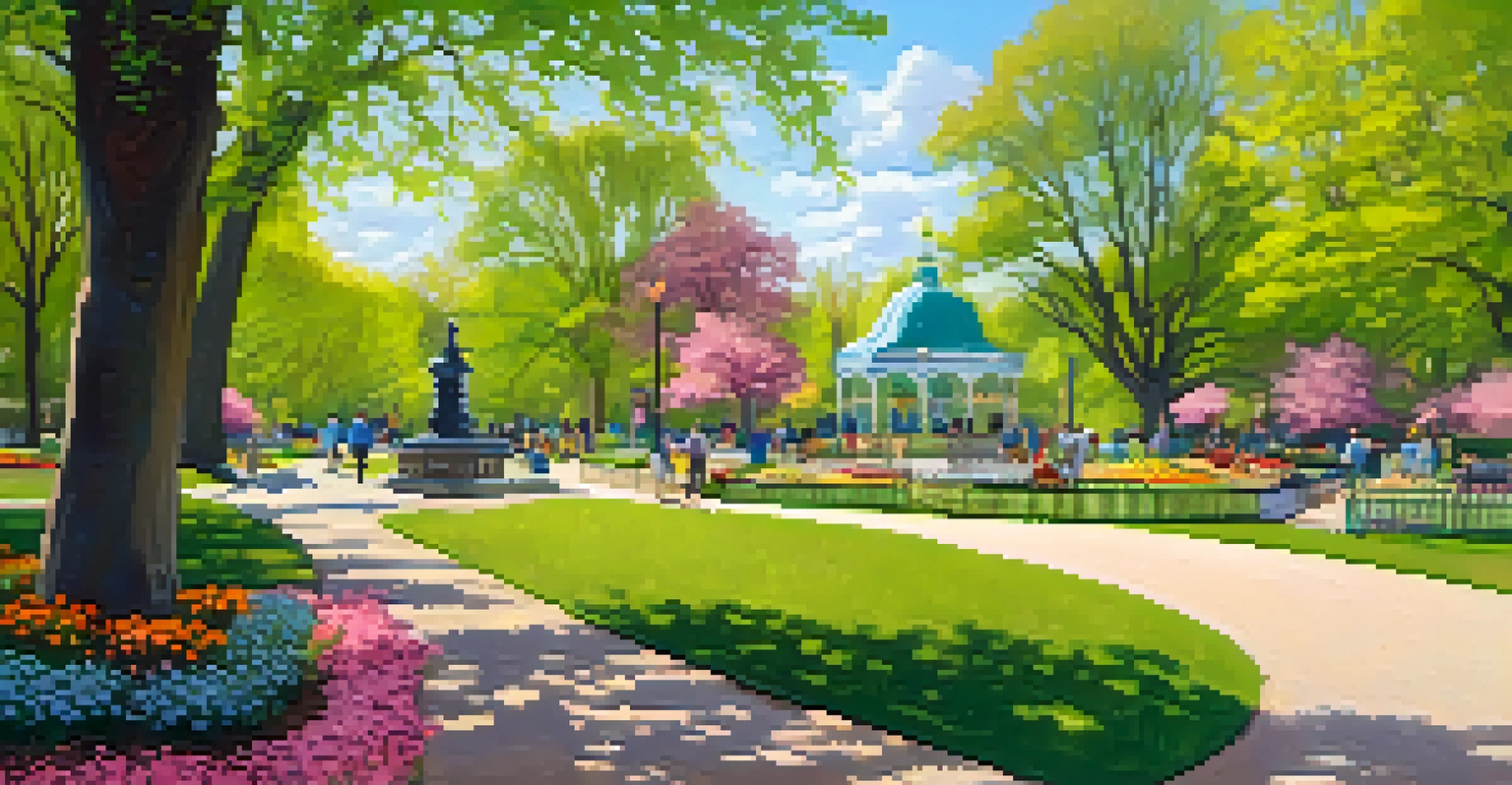 A vibrant spring scene in Tower Grove Park, featuring blooming flowers and families enjoying a farmers market.